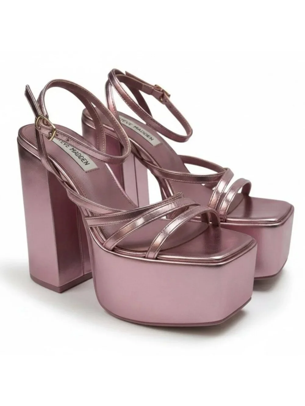 Steve Madden Thorne Platform Sandals Size 6 Metallic Pink Chunky Heel Square Toe